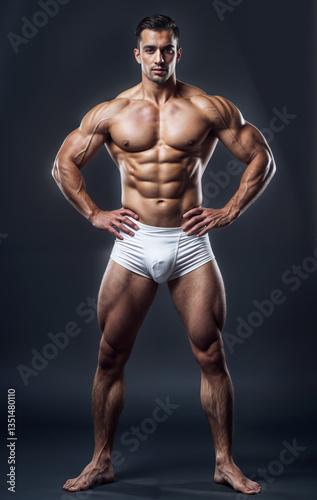 Obraz na płótnie a muscular individual wearing white briefs, posing with hands on hips against a dark background. w salonie