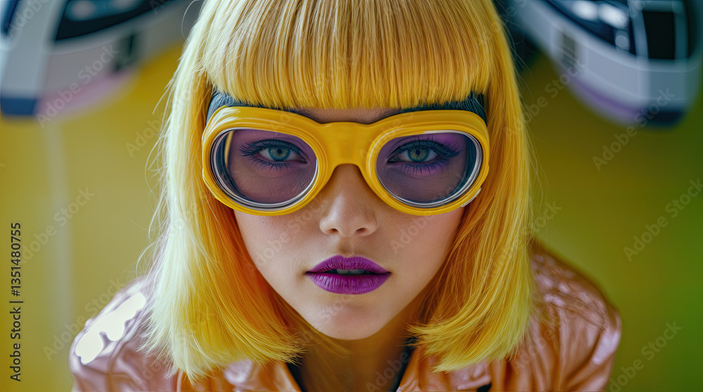 Fashionable portrait featuring a woman with vibrant yellow hair and bold purple lipstick, wearing yellow goggles.