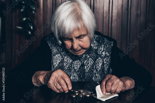 Фотография Portrait of an old woman counting money