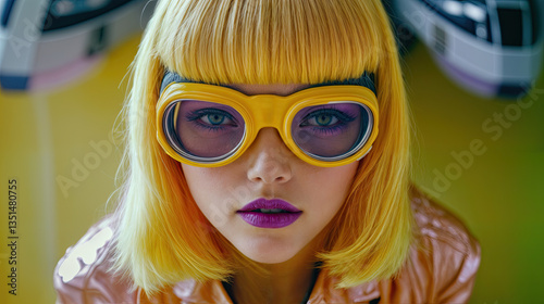 Obraz na płótnie Fashionable portrait featuring a woman with vibrant yellow hair and bold purple lipstick, wearing yellow goggles. w salonie