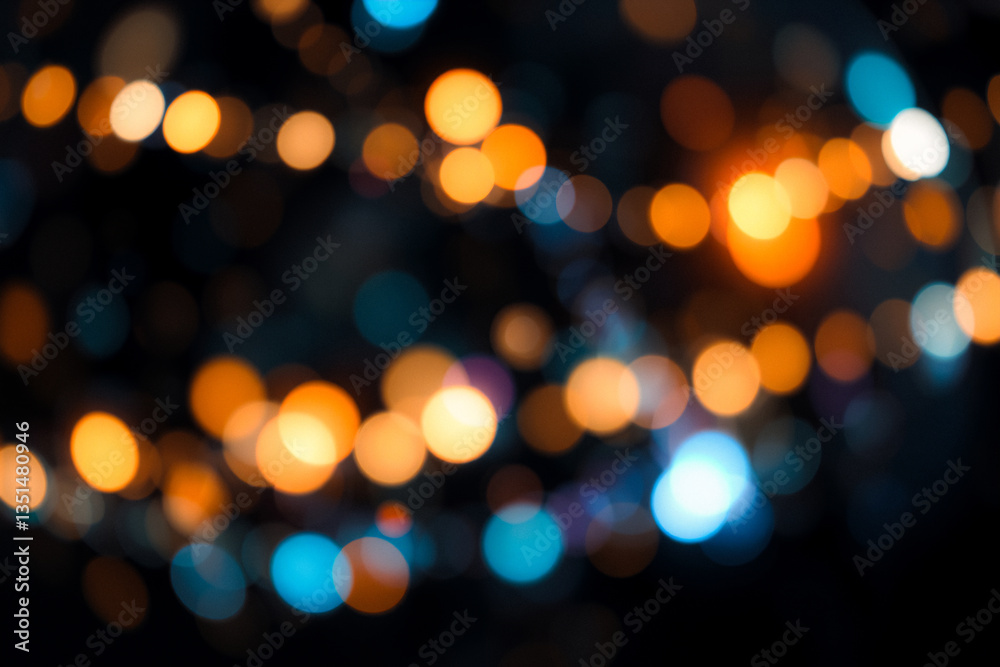 Blurred lights create a beautiful bokeh effect with warm orange, yellow, and cool blue circles against a dark backdrop. Festive and abstract. Blurred lights create a beautiful bokeh effect with warm orange, yellow, and cool blue circles against a dark backdrop. Festive and abstract.