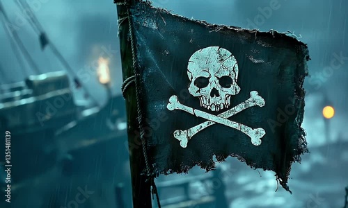 Torn pirate flag, rain, ship battle, dark stormy sea, historical game asset