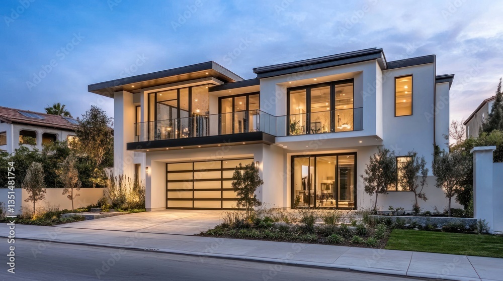 Modern luxury home with large windows, evening lighting, and landscaped garden Modern luxury home with large windows, evening lighting, and landscaped garden