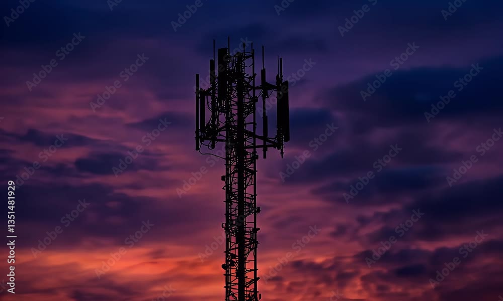 Silhouette of a telecommunications tower against a vibrant sunset sky. Ideal for technology or communication themes Silhouette of a telecommunications tower against a vibrant sunset sky. Ideal for technology or communication themes