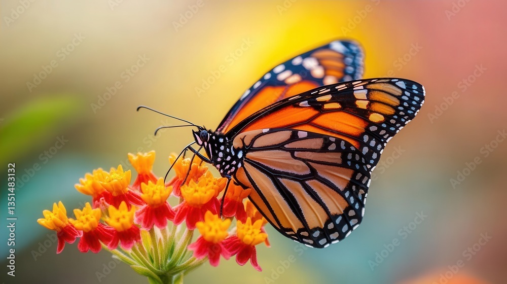 Monarch Butterfly Perched on Vibrant Orange and Yellow Flowers in a Lush Garden Setting Monarch Butterfly Perched on Vibrant Orange and Yellow Flowers in a Lush Garden Setting