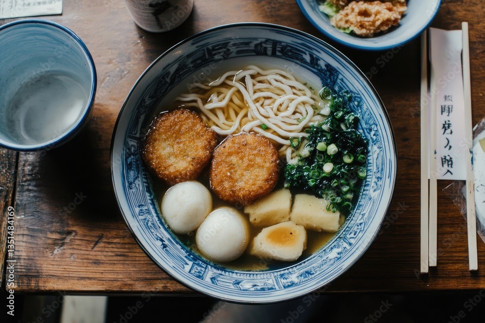 A plate of oden with fish cakes and daikon in broth A plate of oden with fish cakes and daikon in broth