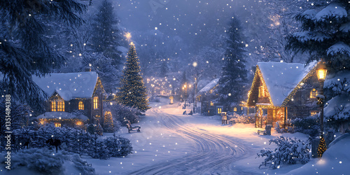 Quiet snowy village street scene during heavy snowfall with illuminated windows providing a festive winter backdrop.