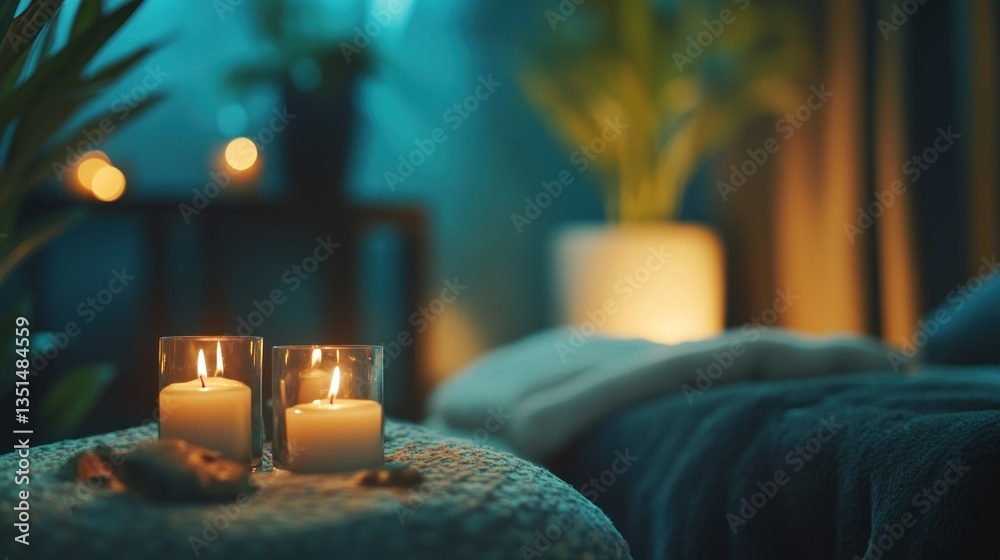 Cozy spa setting with candles and calming ambiance Cozy spa setting with candles and calming ambiance