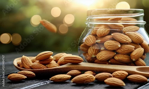 Almonds falling into jar, wooden spoon, blurred nature background; healthy food advertising