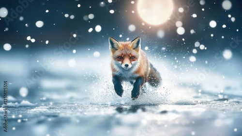 Red Fox Running Through Snowy Landscape with Snowflakes and Moonlight in Winter Scene
