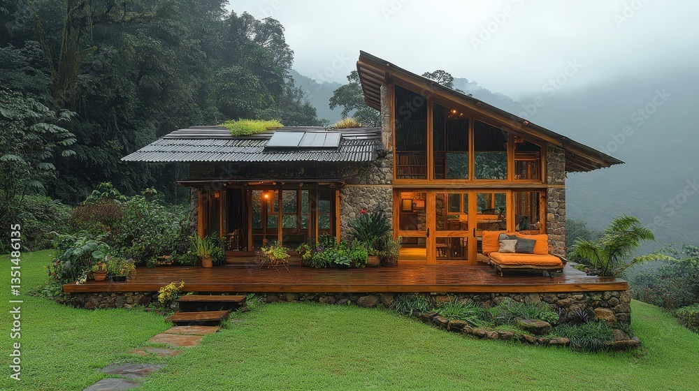 A cozy mountain cabin nestled in a lush green and foggy environment