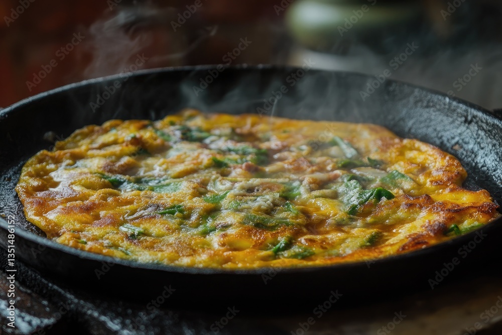 A sizzling plate of monjayaki with a runny batter A sizzling plate of monjayaki with a runny batter