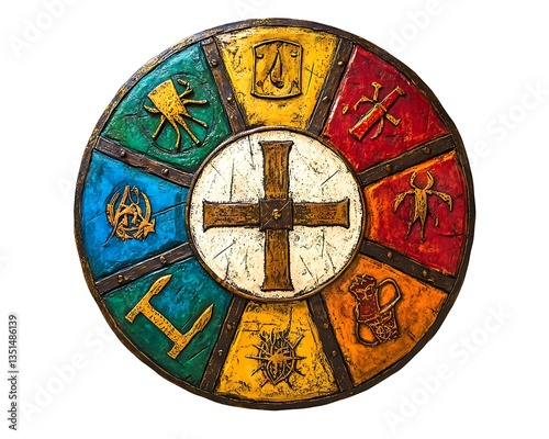 Colorful medieval round shield with unique symbols, isolated against a pristine white background, in full ultra HD.
