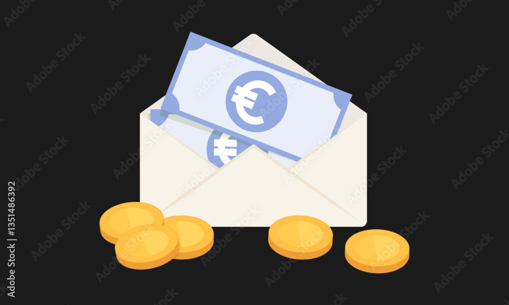 Open white envelope with Euro banknotes and gold coins. Vector illustration represents concepts of receiving money, financial transactions, or budgeting