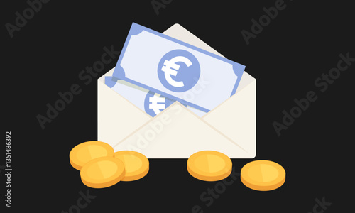 Obraz na płótnie Open white envelope with Euro banknotes and gold coins. Vector illustration represents concepts of receiving money, financial transactions, or budgeting w salonie