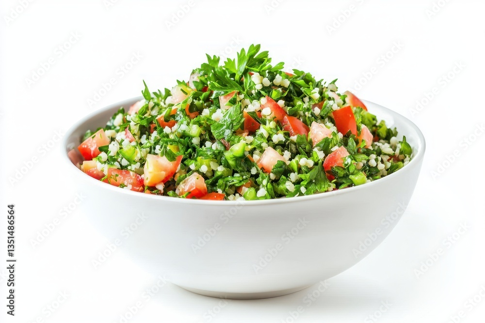 Delicious and Fresh Tabbouleh Salad in White Bowl on White Background Healthy Food Photography Delicious and Fresh Tabbouleh Salad in White Bowl on White Background Healthy Food Photography