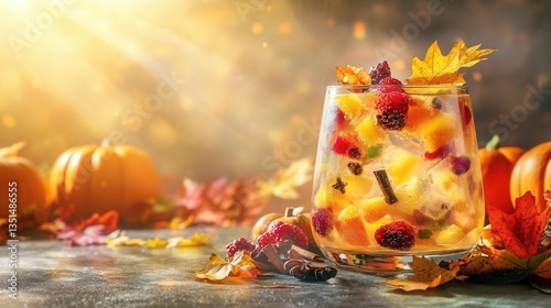 Refreshing Autumn Fruit Cocktail in Glass with Berries and Pumpkin Against a Sunlit Background
