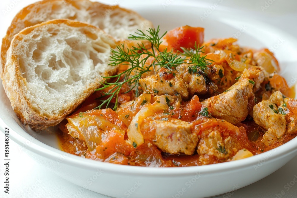 Hearty bowl of tender chicken stew with vegetables accompanied by rustic sourdough bread and fresh dill garnish