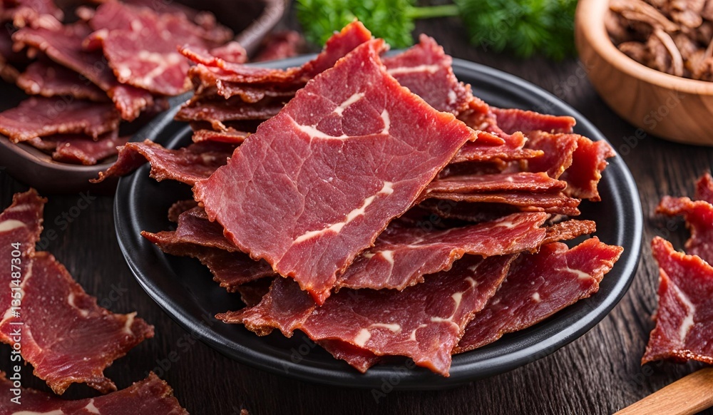 Closeup of delicious beef jerky, showcasing its savory well-seasoned texture. Perfect as a tasty snack or appetizer, it offers a satisfying and flavorful eating experience. Closeup of delicious beef jerky, showcasing its savory well-seasoned texture. Perfect as a tasty snack or appetizer, it offers a satisfying and flavorful eating experience.