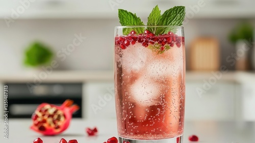 Refreshing Sparkling Pomegranate Mocktail Garnished with Fresh Mint in a Stylish Kitchen Setting
