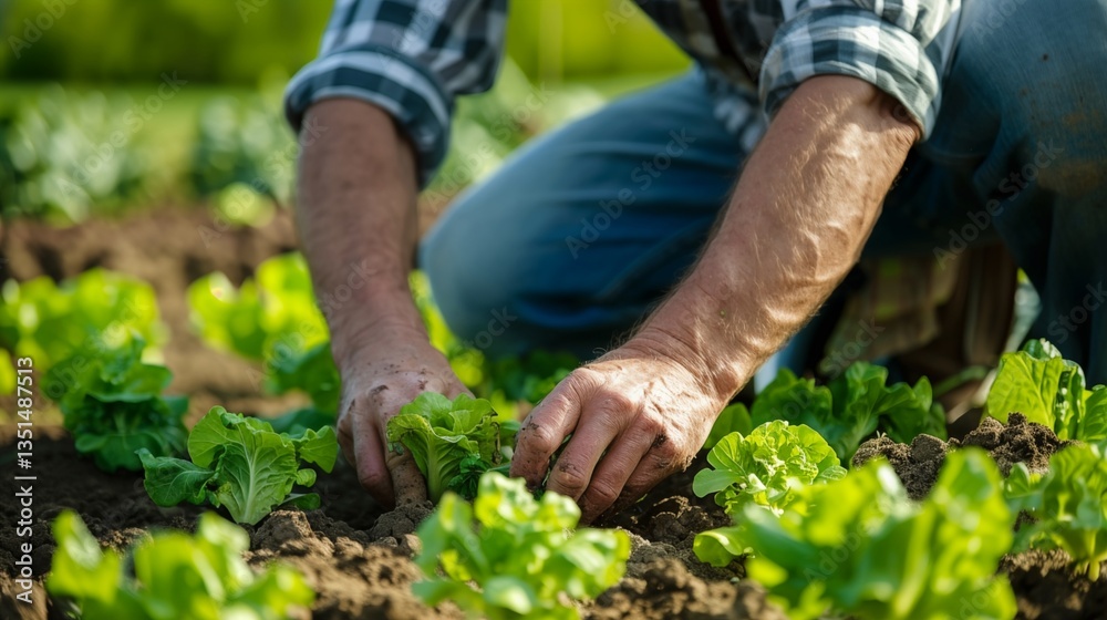 Fototapeta premium Dedicated farmer passionately plants vegetables in fertile soil, aiming to yield a bountiful harvest of fresh and high-quality produce, ensuring local communities enjoy nutritional abundance.