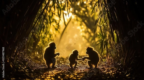 Three Monkeys Silhouetted Against Golden Sunlight in Tropical Forest During Golden Hour