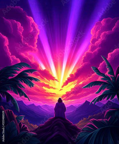 Celestial biblical scene with Noah spiritual journey. Prophetic light breaking through clouds