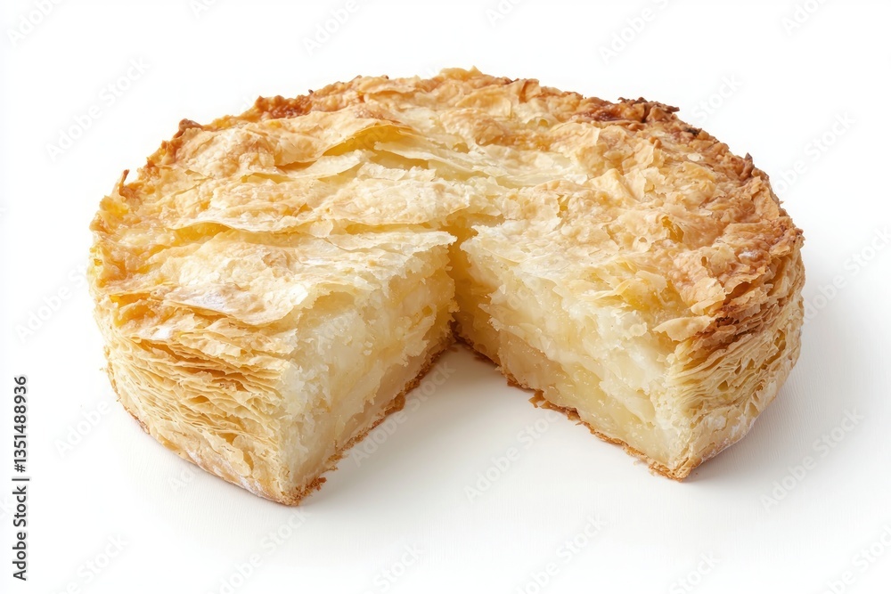 Delectable potato cake with flaky pastry layers on white surface showcasing culinary artistry and fresh ingredients Delectable potato cake with flaky pastry layers on white surface showcasing culinary artistry and fresh ingredients