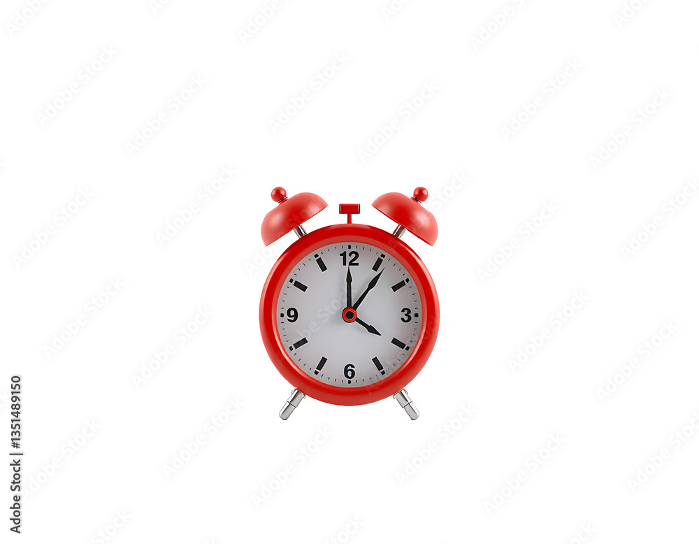 Red alarm clock on a transparent background showing the time, close up. Red alarm clock on a transparent background showing the time, close up.