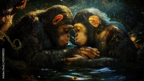 Two Monkeys Displaying Affection in a Serene Jungle Setting by Tranquil Water