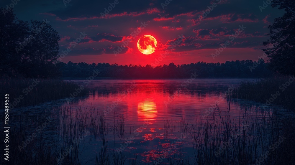 Red moon rising over lake, forest silhouette, twilight Red moon rising over lake, forest silhouette, twilight