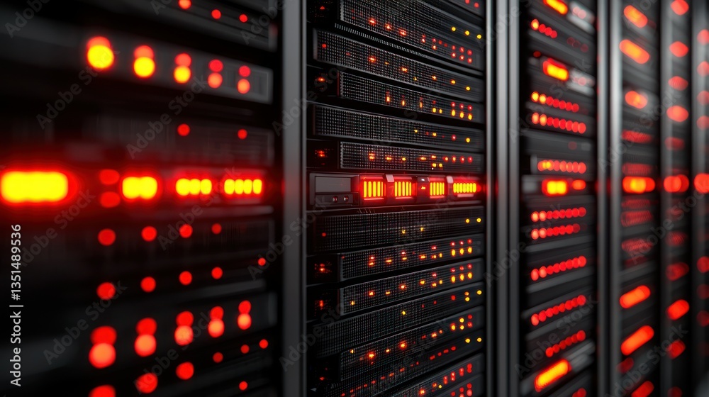 Obraz premium High-tech server room with glowing lights and cables