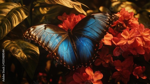 Vibrant Blue Butterfly Resting on Orange Flowers Surrounded by Lush Green Leaves in Nature