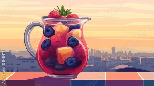 Refreshing Fruit Drink in Glass Pitcher Against a Stunning Sunset Cityscape Background