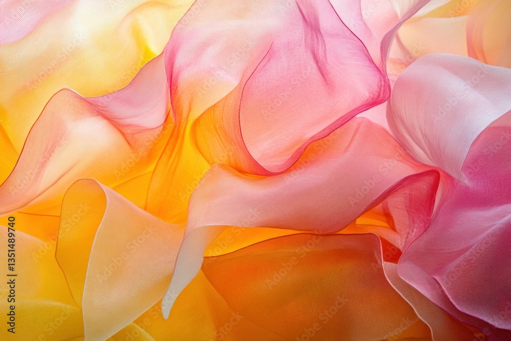Obraz premium Delicate pink and yellow silk fabric draping gracefully, evoking a sense of softness and elegance, perfect for fashion or interior design themes
