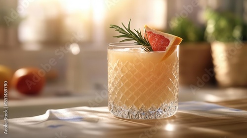 Refreshing Grapefruit Cocktail with Rosemary Garnish in a Sunlit Kitchen Setting