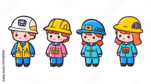 Cute Cartoon Construction Workers in Colorful Uniforms with Helmets and Tools for Child-Friendly Designs