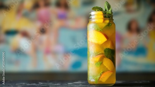 Refreshing Peach Mint Lemonade Beverage in Jar with Sparkling Water and Blurred Background