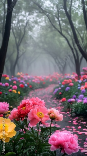 Wallpaper Mural Colorful peonies blooming in a misty tree lined path Torontodigital.ca