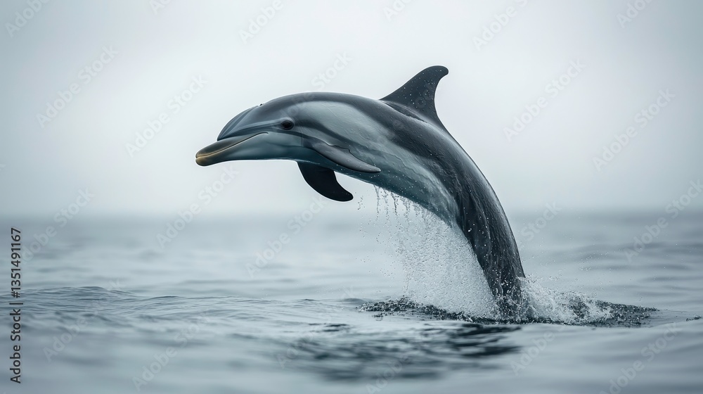 Fototapeta premium Dolphin jumping in ocean waves coastal environment wildlife photography serene atmosphere aquatic adventure