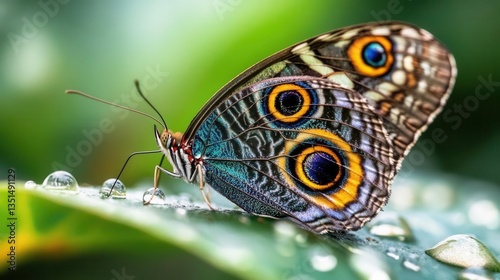 Stunning Close-Up of Colorful Butterfly Resting on Leaf with Water Droplets in Nature