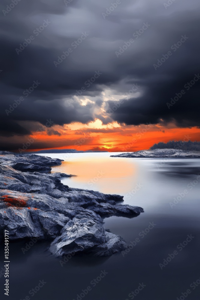 Fototapeta premium Serene Sunset Over Calm Waters with Dark Storm Clouds Reflecting on Rocky Shoreline at Dusk