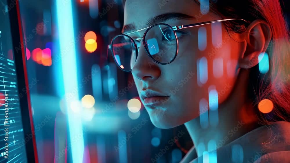 A dedicated young programmer examines complex digital data on a large screen, amid vibrant neon lights, representing the exciting fusion of cuttingedge technology and advanced AI