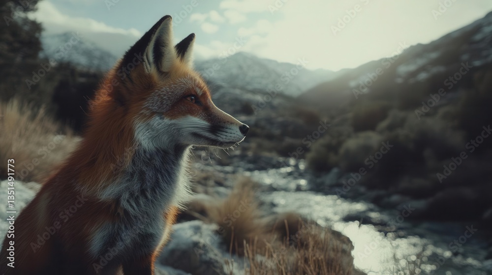 Wild Red Fox Sitting by a Stream with Mountain Landscape in Soft Morning Light Wild Red Fox Sitting by a Stream with Mountain Landscape in Soft Morning Light