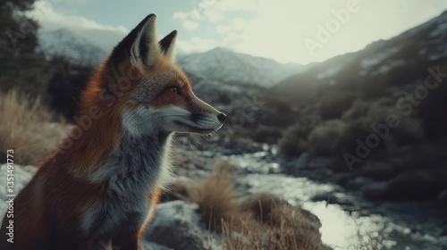 Wild Red Fox Sitting by a Stream with Mountain Landscape in Soft Morning Light