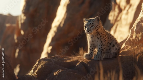 Young Snow Leopard Sitting Peacefully on Rocky Outcrop in Golden Sunset Light