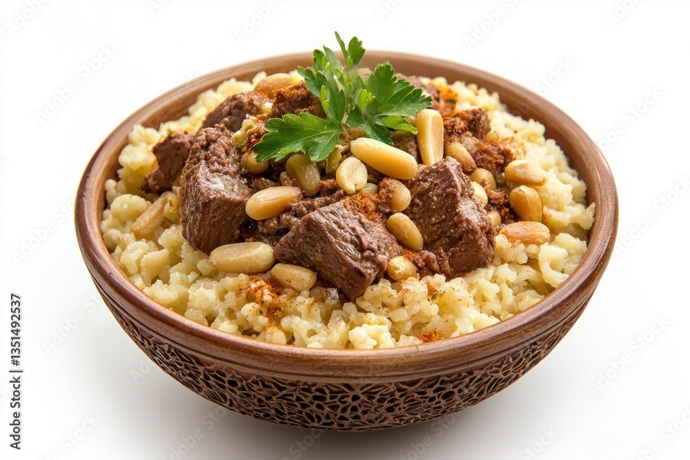 Delicious traditional dish with couscous meat and pine nuts in a ceramic bowl on a white background Delicious traditional dish with couscous meat and pine nuts in a ceramic bowl on a white background