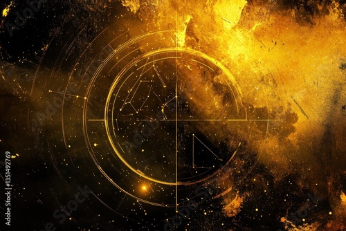 A golden celestial illustration featuring constellations and cosmic circles