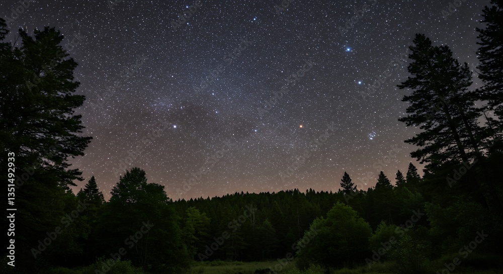 Obraz premium Starry Night Sky over Forest Silhouette
