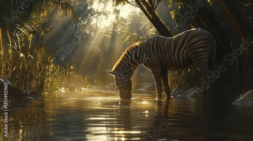 Zebra Drinking Water in a Stunning Forest Scene with Sunlight Filtering Through the Trees